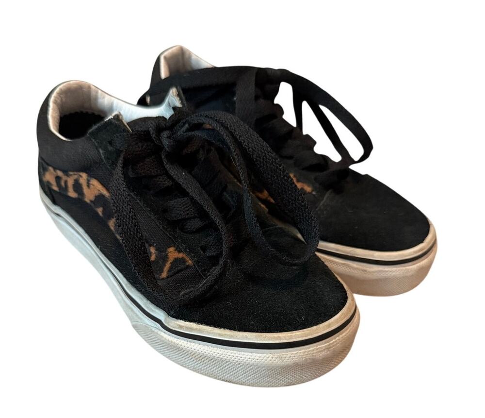 Vans Old Skool Kids Size 11 Black Suede Leopard Stripe Skate Shoes Sneakers